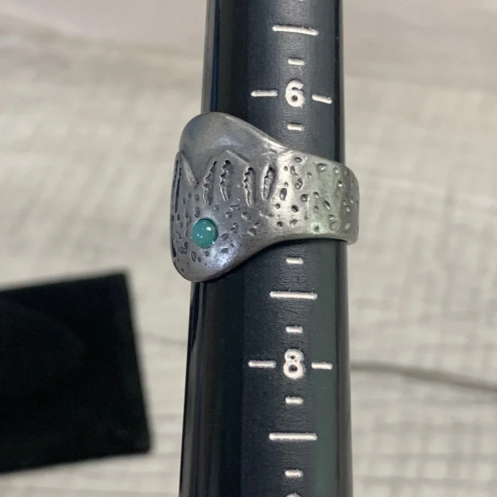 Southwestern Mountain Scene Ring Turquoise Accent Silver Tone Size 7.25